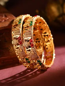 Rubans Set of 2 18K Gold Plated Rajwadi Polish Ruby & Emerald Studded Bangles
