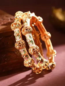 Rubans Set of 2 18K Gold Plated White, Pink & Green Enamel & Kundan Studded Bangles