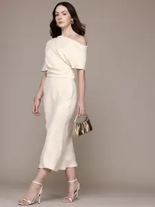 MANGO Draped One-Shoulder Neck Satin Finish Midi Dress