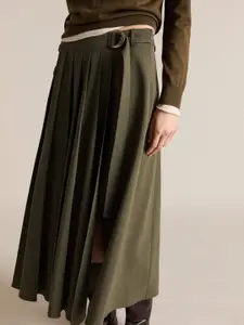 MANGO Box Pleated Belted Side Slit Flared Midi Skirt