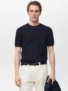 MANGO MAN Striped Self Design Pure Cotton T-shirt