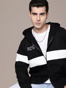 The Roadster Lifestyle Co. Hooded Pure Cotton Front Open Sweatshirt with Striped Detail