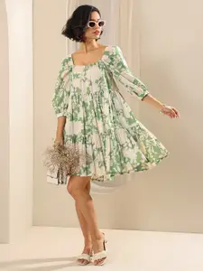 Libas Floral Print Puff Sleeve Layered A-Line Dress