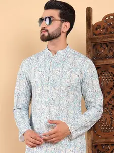 House of Pataudi Ikat Printed Mandarin Collar Kantha Work Straight Kurta