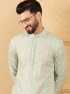 House of Pataudi Mandarin Collar Geometric Embroidered Chikankari Straight Kurta