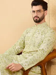 House of Pataudi Mandarin Collar Geometric Embroidered Chikankari Straight Kurta