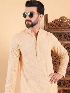 House of Pataudi Mandarin Collar Geometric Sequins Embroidered Straight Kurta