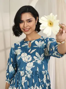 Libas Floral Print Keyhole Neck Puff Sleeve Fit & Flare Dress