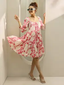 Libas Floral Print Puff Sleeve Layered A-Line Dress
