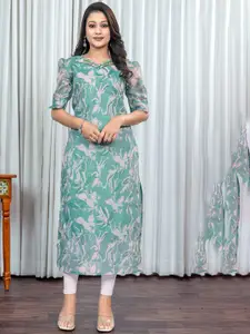 Sun Fashion And Lifestyle Floral Printed Sweetheart Neck Chanderi Silk Straight Kurta