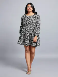 Globus Gloplus Floral Printed Bishop Sleeves Fit & Flare Tiered Mini Plus Size Dress