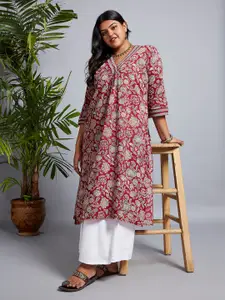 Globus Gloplus V-Neck Allover Floral Print Pleated Straight Plus Size Workwear Kurta