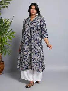 Globus Gloplus V-Neck Allover Floral Print Pleated Straight Plus Size Workwear Kurta