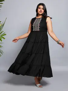 Globus Gloplus Embroidered Yoke Gathered Tiered Fit & Flare Plus Size Maxi Dress