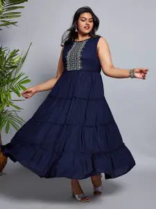 Globus Gloplus Embroidered Yoke Gathered Tiered Fit & Flare Plus Size Maxi Dress
