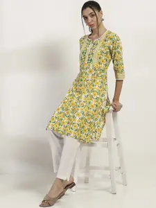 Rangriti Floral Printed Notch-Neck Cotton Straight Kurta
