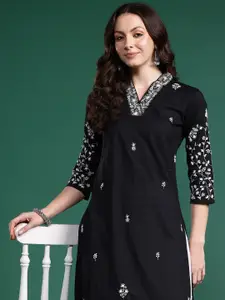 Indo Era Women Floral Embroidered Thread Work Pure Cotton Kurta