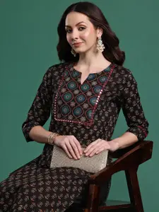 Indo Era Women Floral Printed Mirror Work Pure Cotton Kurta