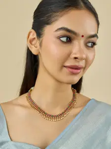 Kushal's Fashion Jewellery Gold-Plated Ruby Studded Antique Necklace