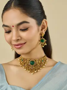 Kushal's Fashion Jewellery Ruby-Green Gold-Plated Ethnic Antique Necklace Set