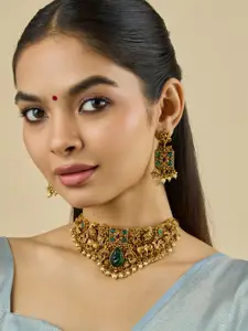 Kushal's Fashion Jewellery Gold-Plated Stone Studded & Beaded Antique Necklace