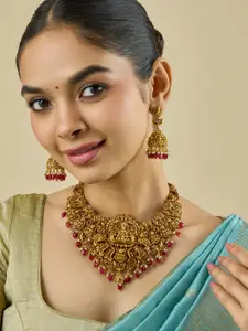 Kushal's Fashion Jewellery Gold-Plated CZ-Studded & Beaded Lakshmi Antique Necklace