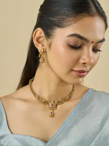 Kushal's Fashion Jewellery Ruby Gold-Plated Ethnic Antique Necklace