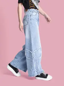 Bene Kleed Women Wide Leg Light Fade Jeans with Bow Applique