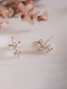 Zavya 92.5 Sterling Silver Rose Gold-Plated Cubic Zirconia Leaf Shaped Studs Earrings