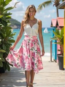 Berrylush Floral Printed High Rise Pleated Flared A-Line Skirt