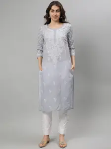 Seva Chikan Floral Embroidered Notch Neck Lucknowi Chikankari Straight Kurta