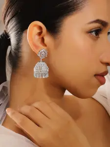 Rubans Rhodium Plated Cubic Zirconia Studded Dome Shaped Statement Jhumkas