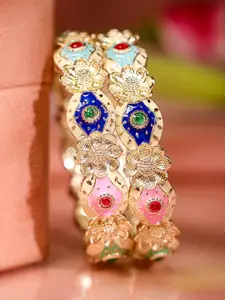 Rubans Set of 2 18K Gold-Plated Multicolor Enamel & Stone-Studded Floral Design Bangles