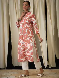 Anouk Floral Printed Mandarin Collar Pure Cotton Straight Kurta