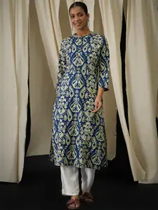 Anouk Geometric Printed Mandarin Collar Chanderi Cotton Straight Kurta