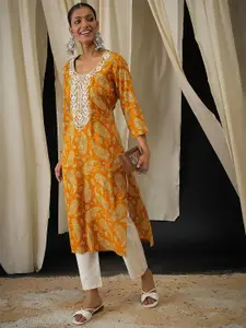 Anouk Ethnic Motifs Embroidered Round Neck Thread Work Straight Kurta