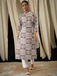 Anouk Geometric Printed Mandarin Collar Pure Cotton Straight Kurta
