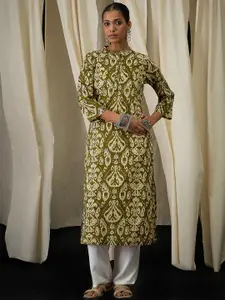 Anouk Geometric Printed Mandarin Collar Chanderi Cotton Straight Kurta