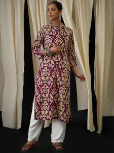 Anouk Floral Printed Mandarin Collar Chanderi Cotton Straight Kurta