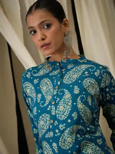 Anouk Floral Printed Mandarin Collar Straight Kurta