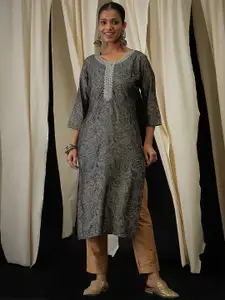 Anouk Paisley Printed Mandarin Collar Chanderi Cotton Straight Kurta