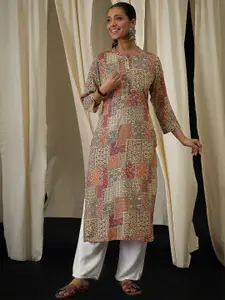Anouk Floral Printed Mandarin Collar Straight Kurta