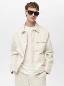 MANGO MAN Solid Beige Cotton Linen Denim Jacket