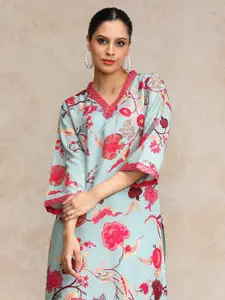 Varanga Floral Printed Cotton V-Neck Straight Kurta