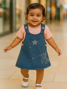 MeeMee Floral Embroidered Denim Pinafore Dress