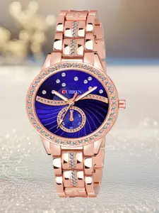Curren Men Brass Embellished Dial & Stainless Steel Bracelet Style Straps Analogue Watch CR-1342-Rose Blue
