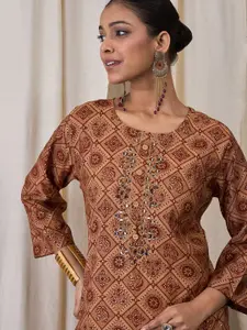 Anouk Floral Printed Mirror Work Chanderi Silk Straight Kurta