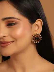 Yinara 22K Gold Plated Faux Smoky Quartz & Crystal Studded Contemporary Floral Shape Studs