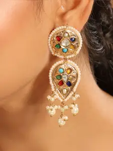 Yinara 22K Gold Plated Navratan Kundan Studded Traditional Petal Drop Dangler Earrings
