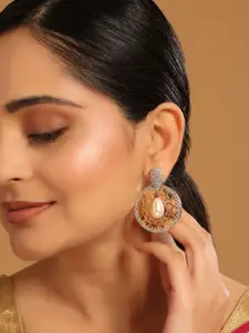 Yinara 22K Gold Plated Cubic Zircon Studded Contemporary Moon Shaped Pearl Drop Chandbalis